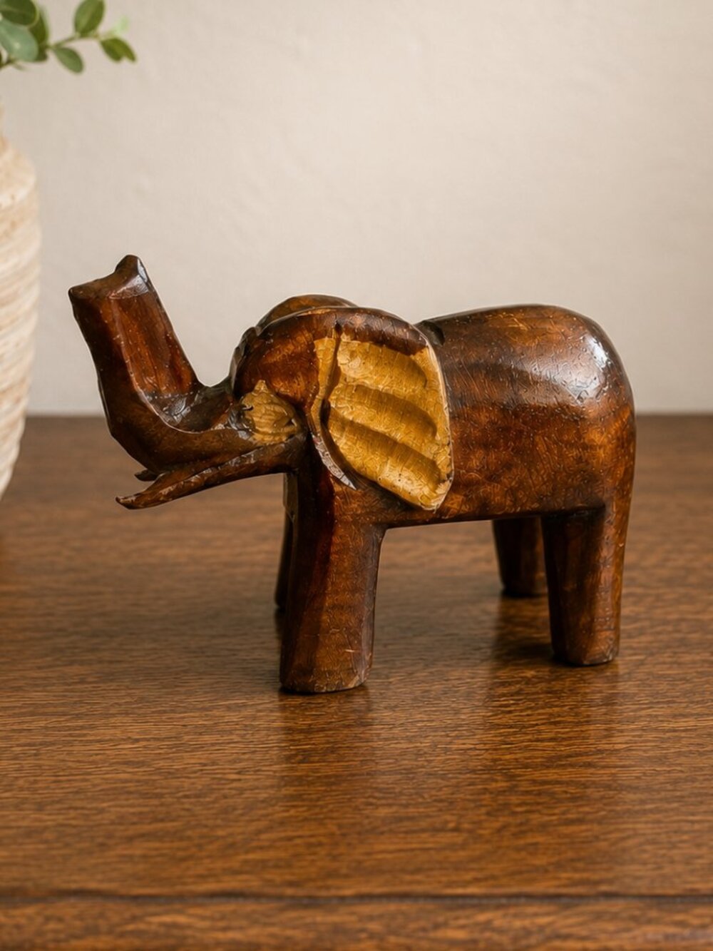 Vintage Hand Carved Wood Elephant Figurine Raised Trunk Boho Safari Decor 6"
